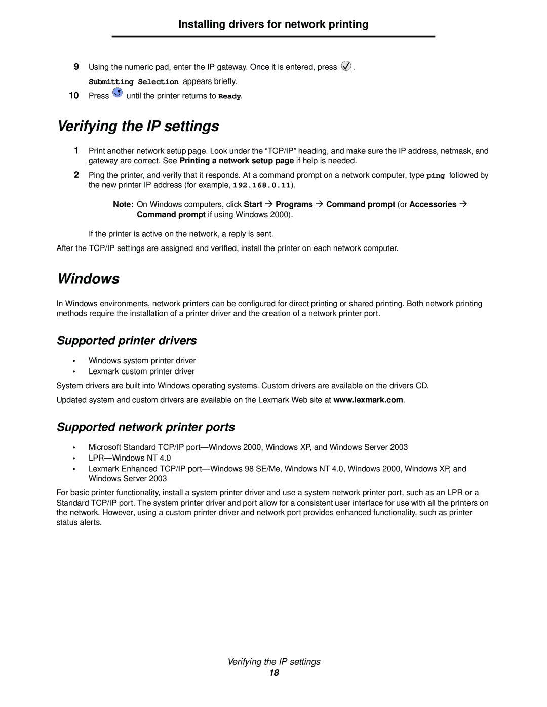 Lexmark 920 manual Verifying the IP settings, Supported printer drivers, Supported network printer ports 