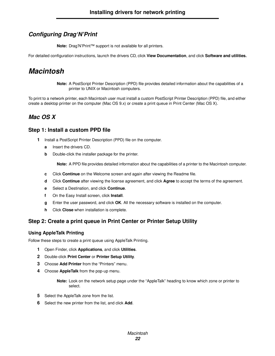 Lexmark 920 manual Configuring Drag‘N’Print, Mac OS, Install a custom PPD file 