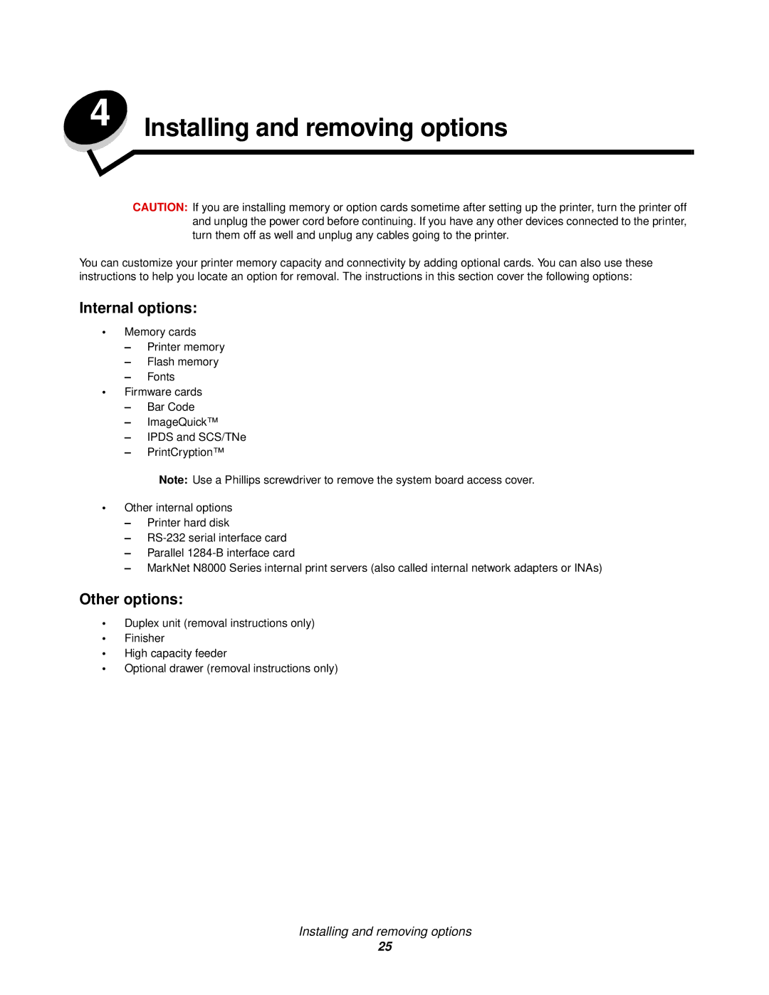 Lexmark 920 manual Internal options, Other options 