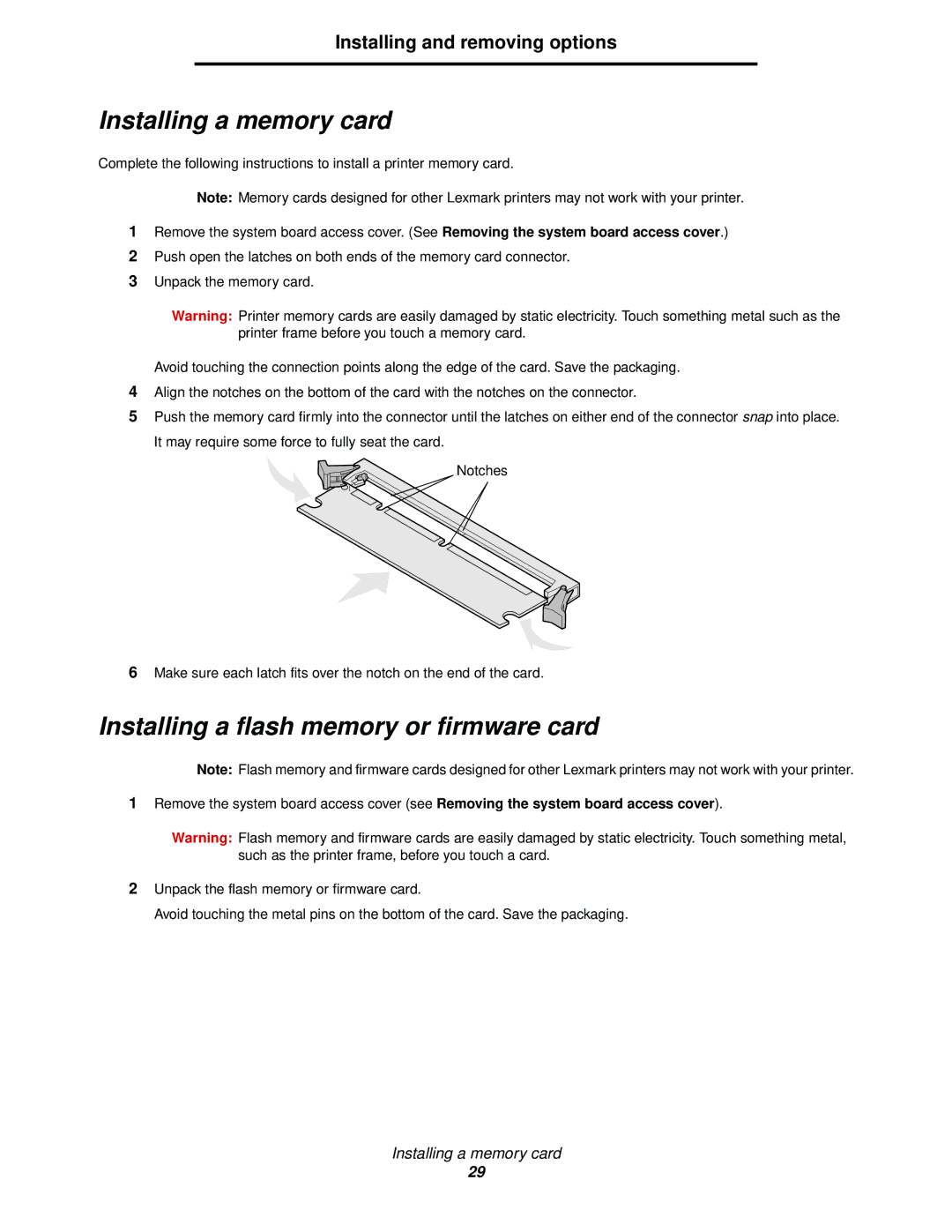 Lexmark 920 manual Installing a memory card, Installing a flash memory or firmware card 