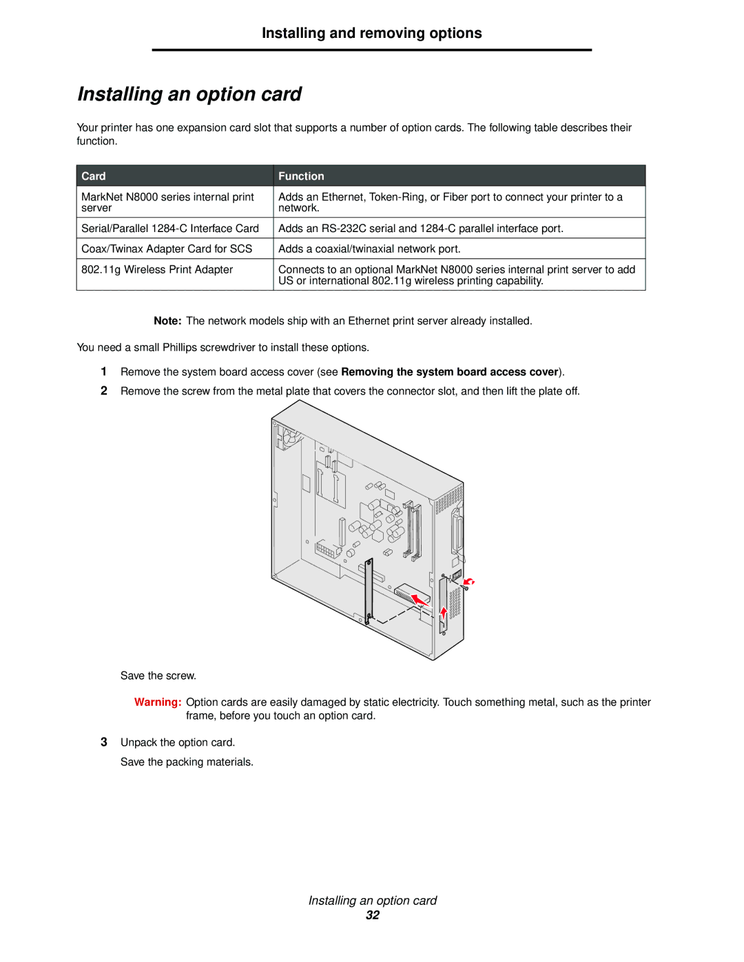 Lexmark 920 manual Installing an option card, Card Function 