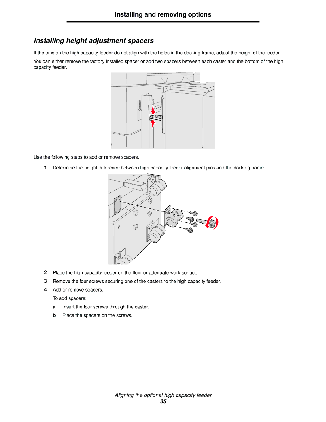 Lexmark 920 manual Installing height adjustment spacers 