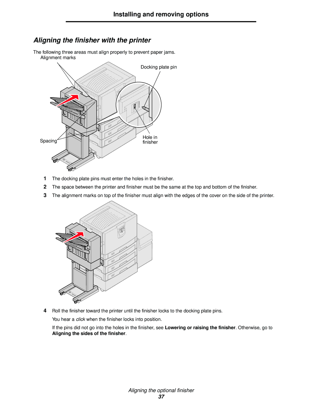 Lexmark 920 manual Aligning the finisher with the printer 