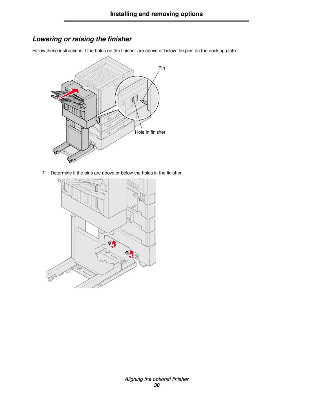 Lexmark 920 manual Lowering or raising the finisher 