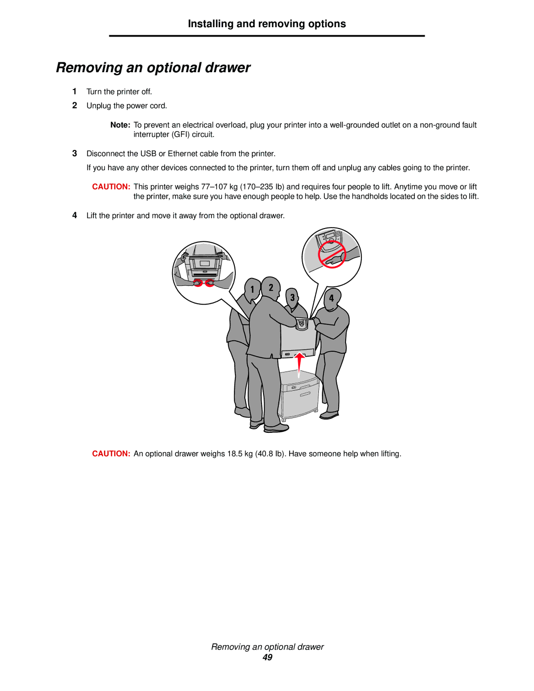 Lexmark 920 manual Removing an optional drawer 