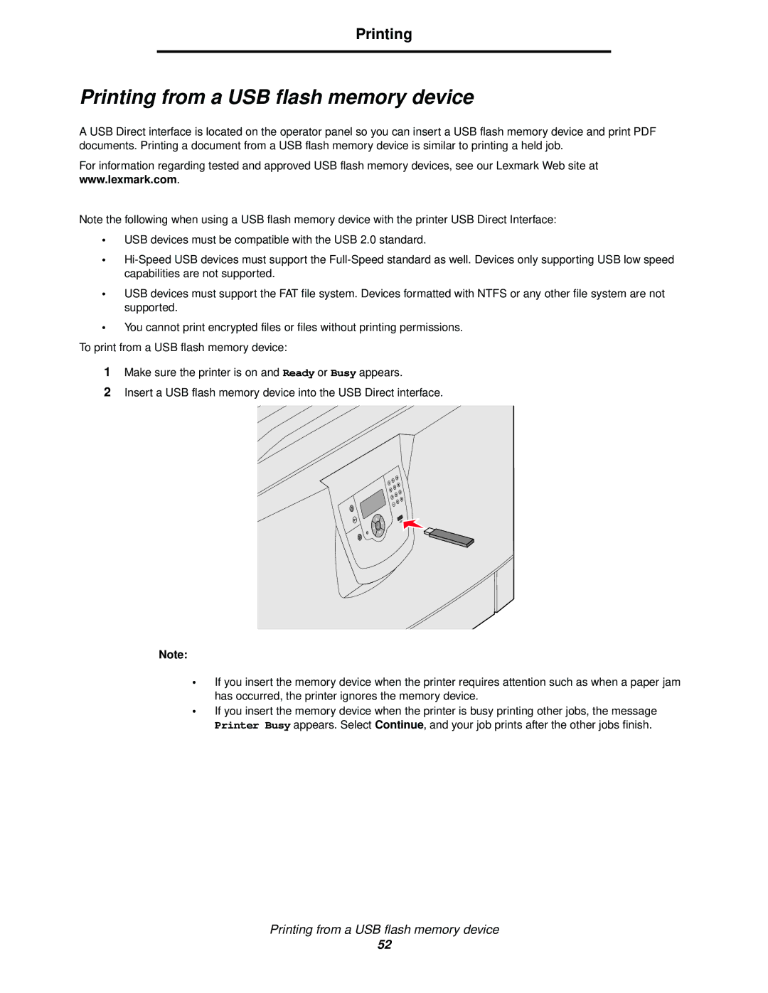 Lexmark 920 manual Printing from a USB flash memory device 