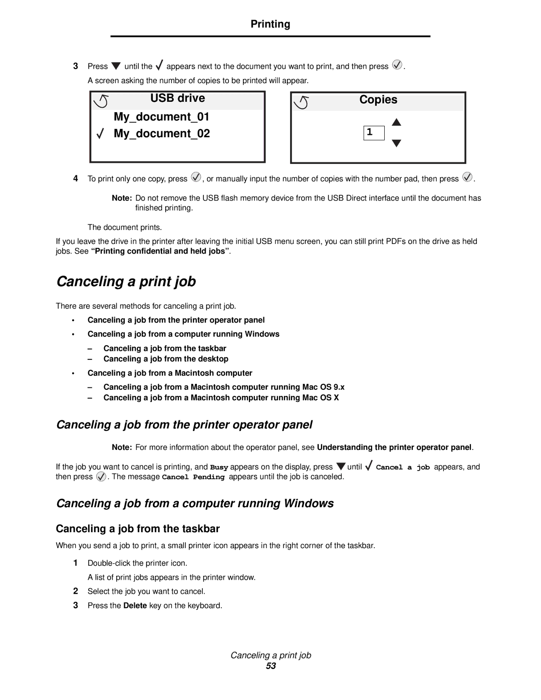 Lexmark 920 manual Canceling a print job, Canceling a job from the printer operator panel, Canceling a job from the taskbar 