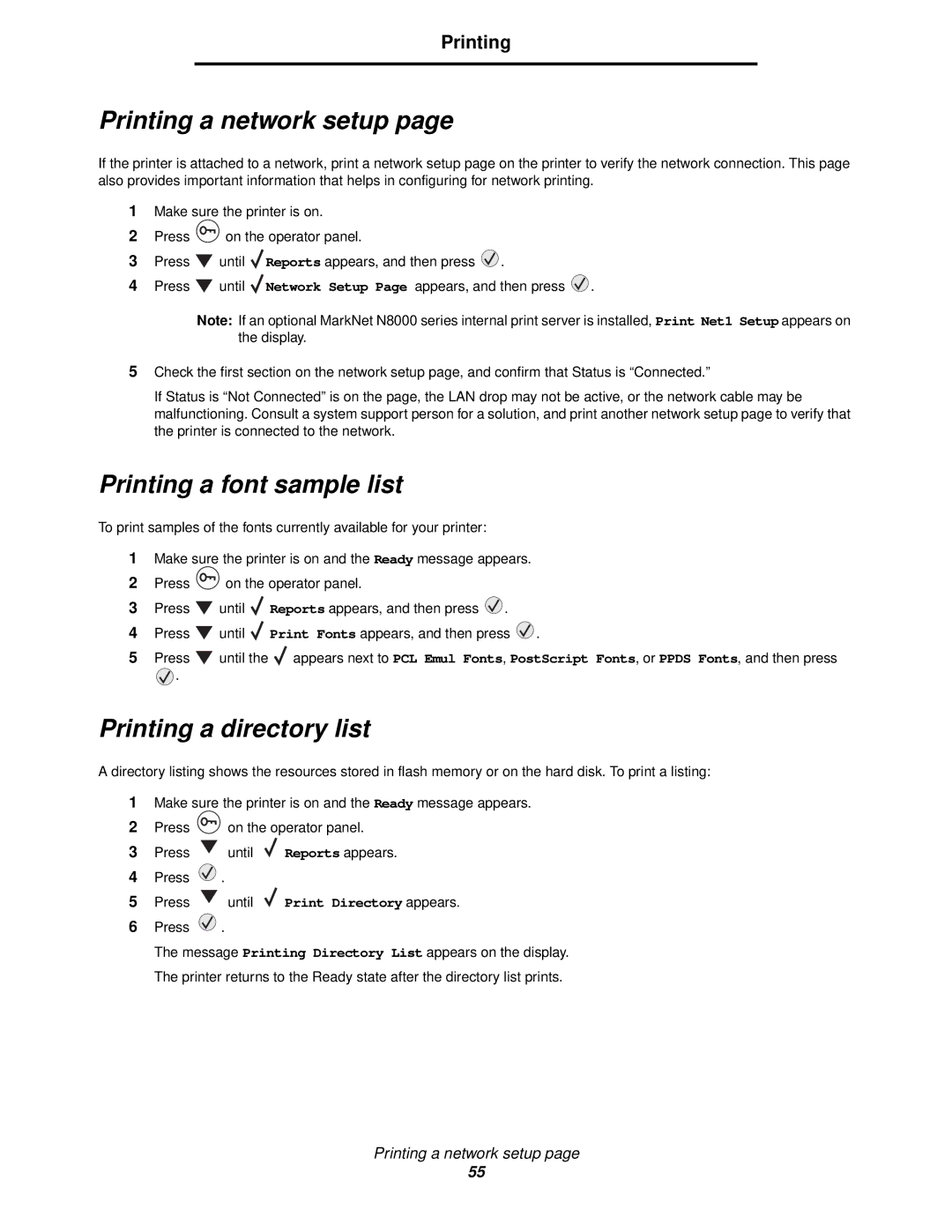 Lexmark 920 manual Printing a font sample list, Printing a directory list 