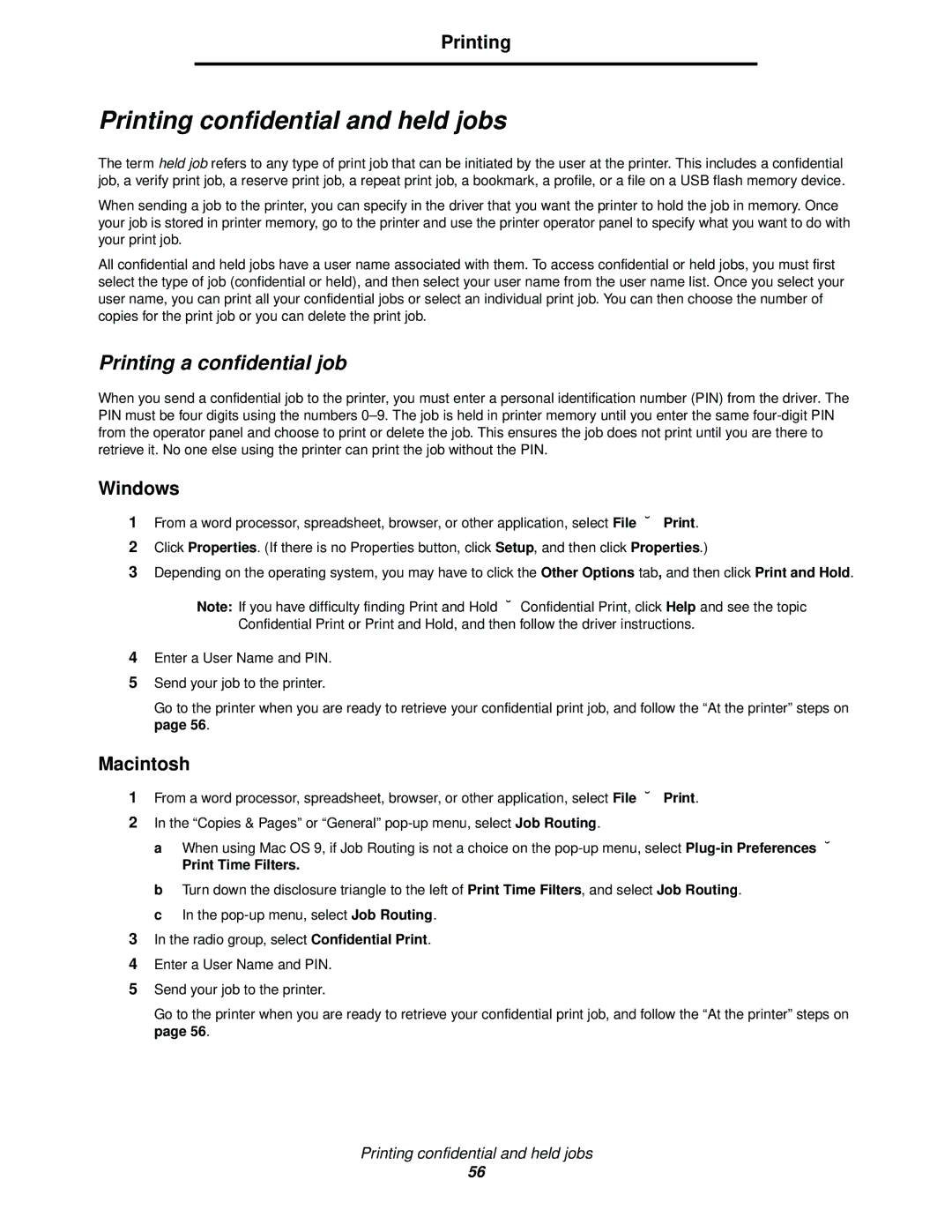 Lexmark 920 manual Printing confidential and held jobs, Printing a confidential job, Windows, Macintosh, Print Time Filters 