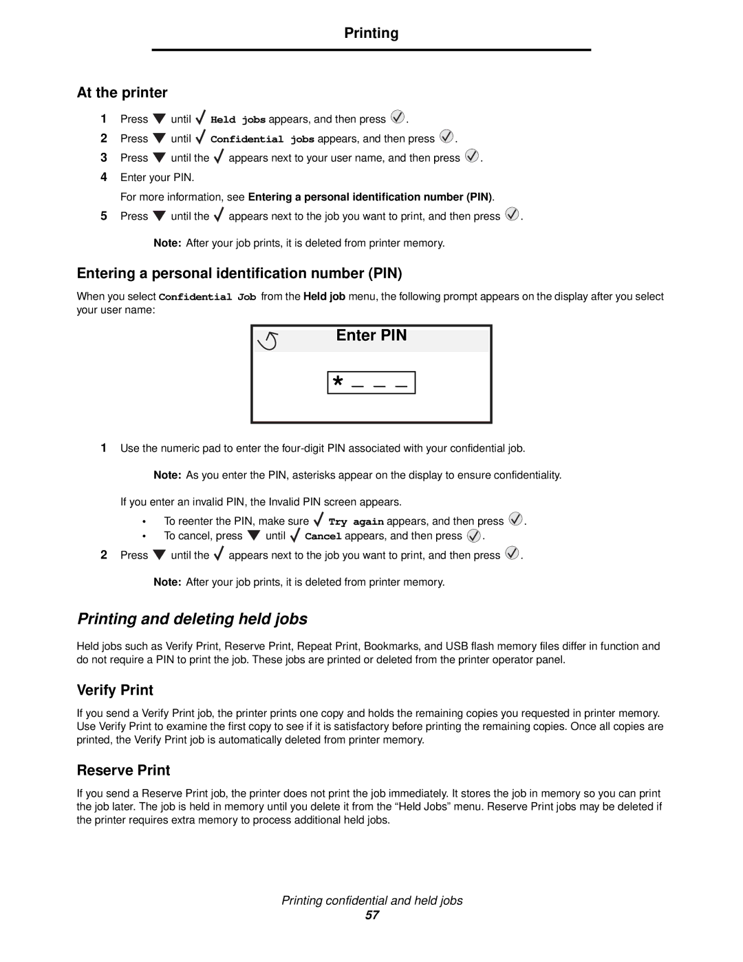 Lexmark 920 manual Printing and deleting held jobs, Printing At the printer, Entering a personal identification number PIN 