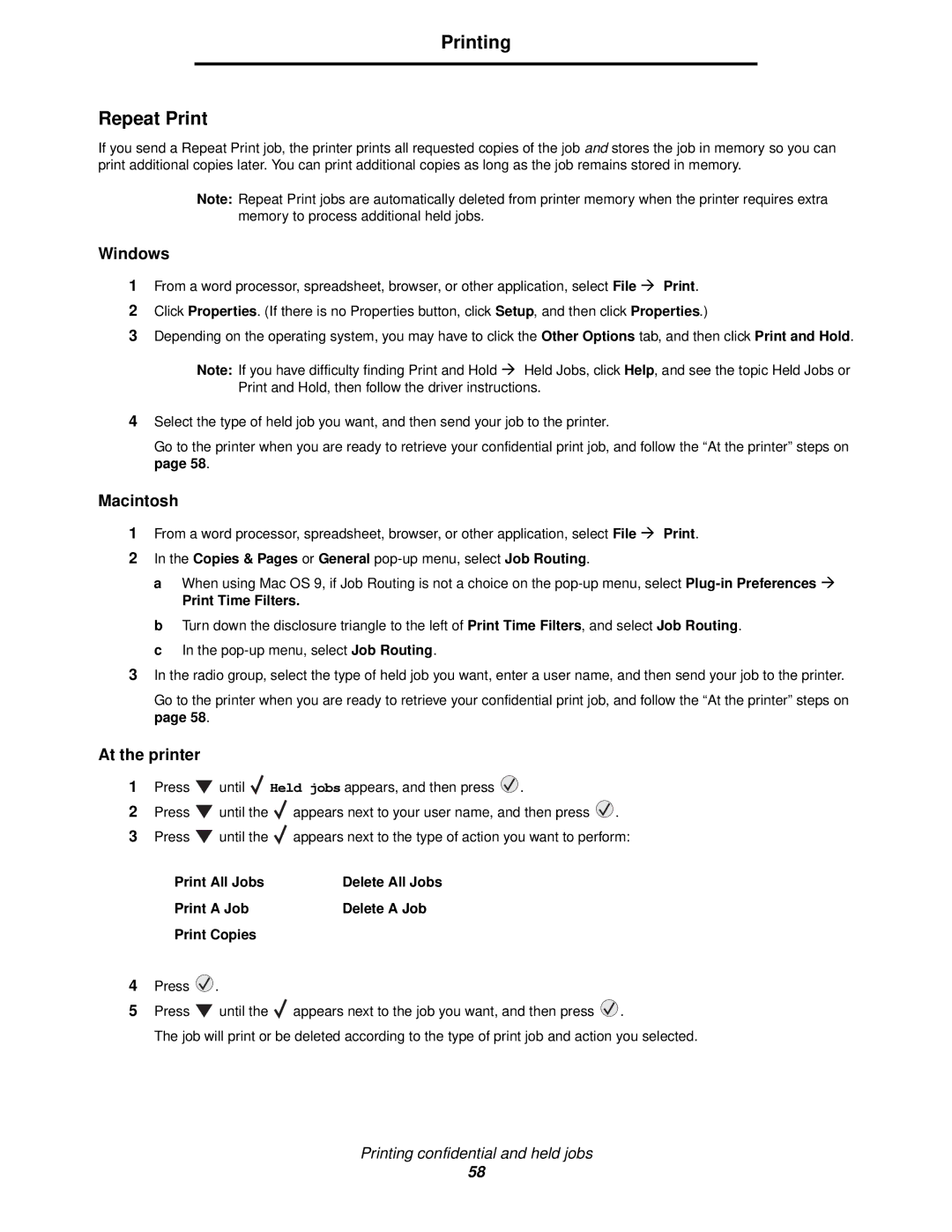 Lexmark 920 manual Printing Repeat Print, Copies & Pages or General pop-up menu, select Job Routing 