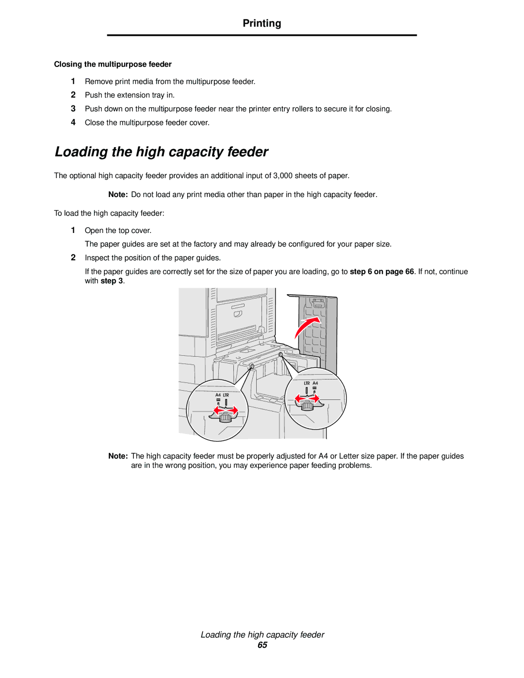 Lexmark 920 manual Loading the high capacity feeder, Closing the multipurpose feeder 