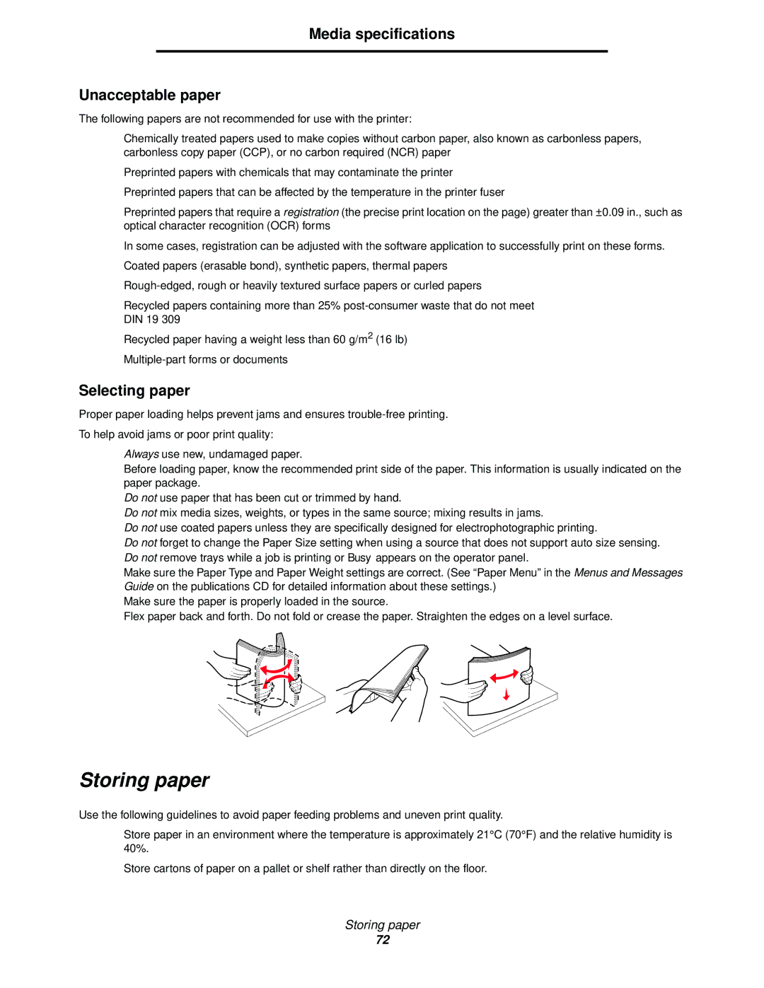 Lexmark 920 manual Storing paper, Media specifications Unacceptable paper, Selecting paper 