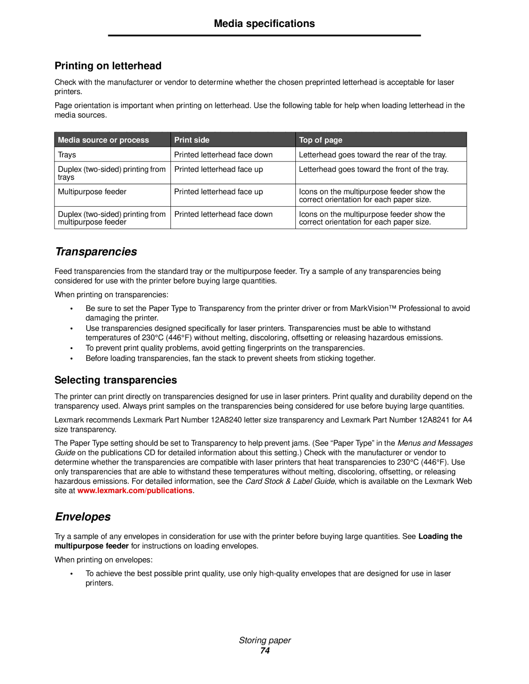 Lexmark 920 manual Transparencies, Envelopes, Media specifications Printing on letterhead, Selecting transparencies 