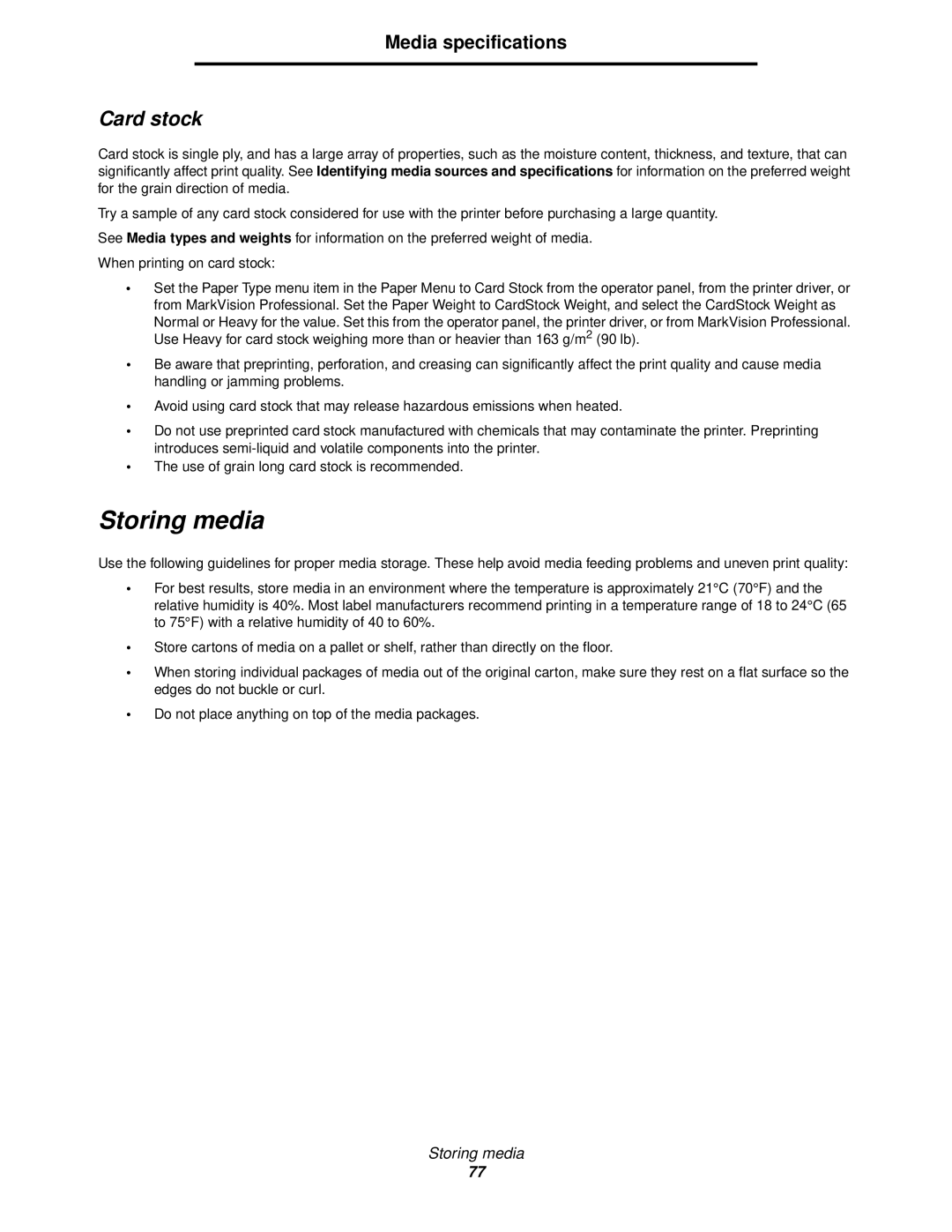 Lexmark 920 manual Storing media, Card stock 