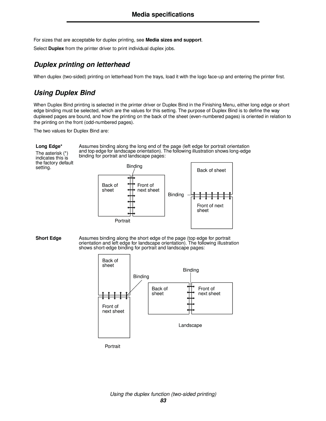 Lexmark 920 manual Duplex printing on letterhead, Using Duplex Bind, Long Edge, Short Edge 