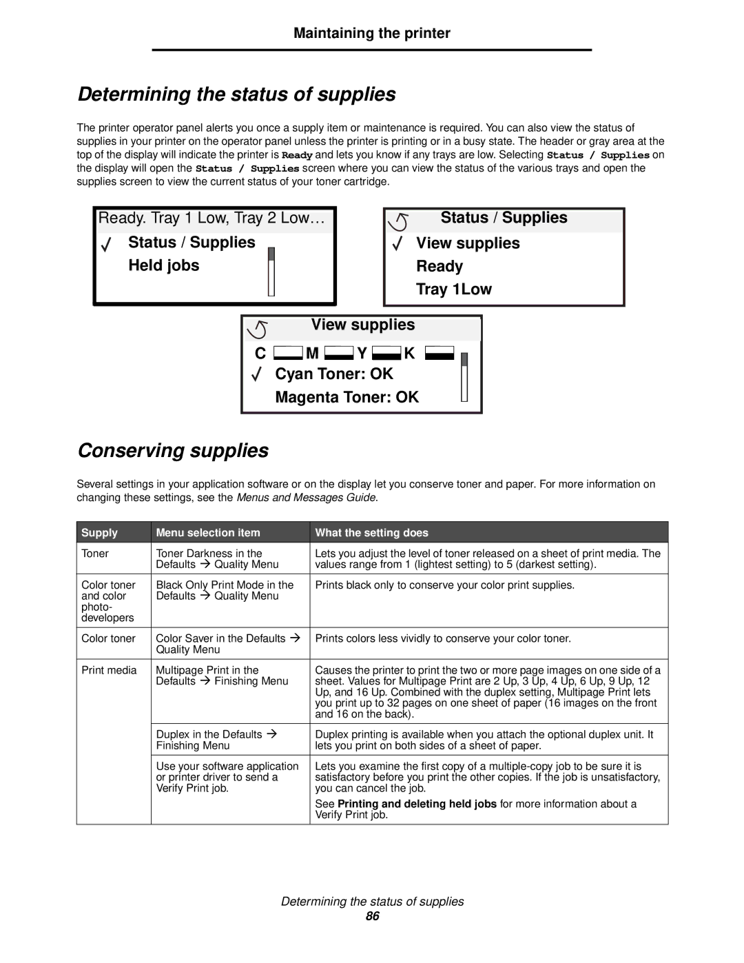 Lexmark 920 manual Determining the status of supplies, Conserving supplies, Maintaining the printer 