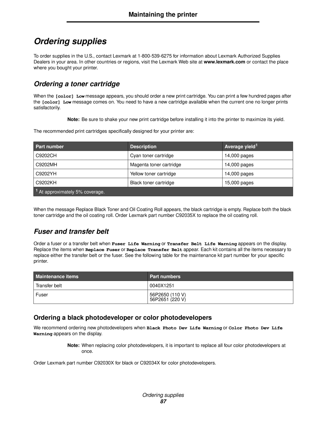 Lexmark 920 manual Ordering supplies, Ordering a toner cartridge, Fuser and transfer belt 