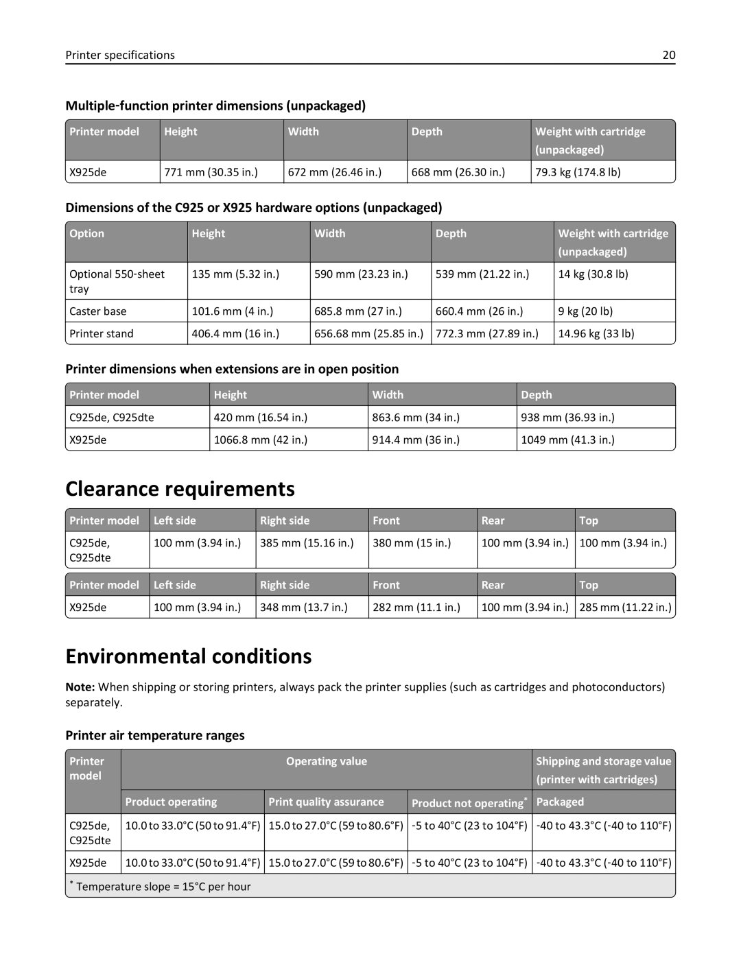 Lexmark 925de, 925dte manual Clearance requirements, Environmental conditions 