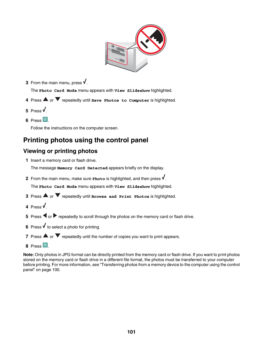 Lexmark 9300 Series manual Printing photos using the control panel, Viewing or printing photos, 101 