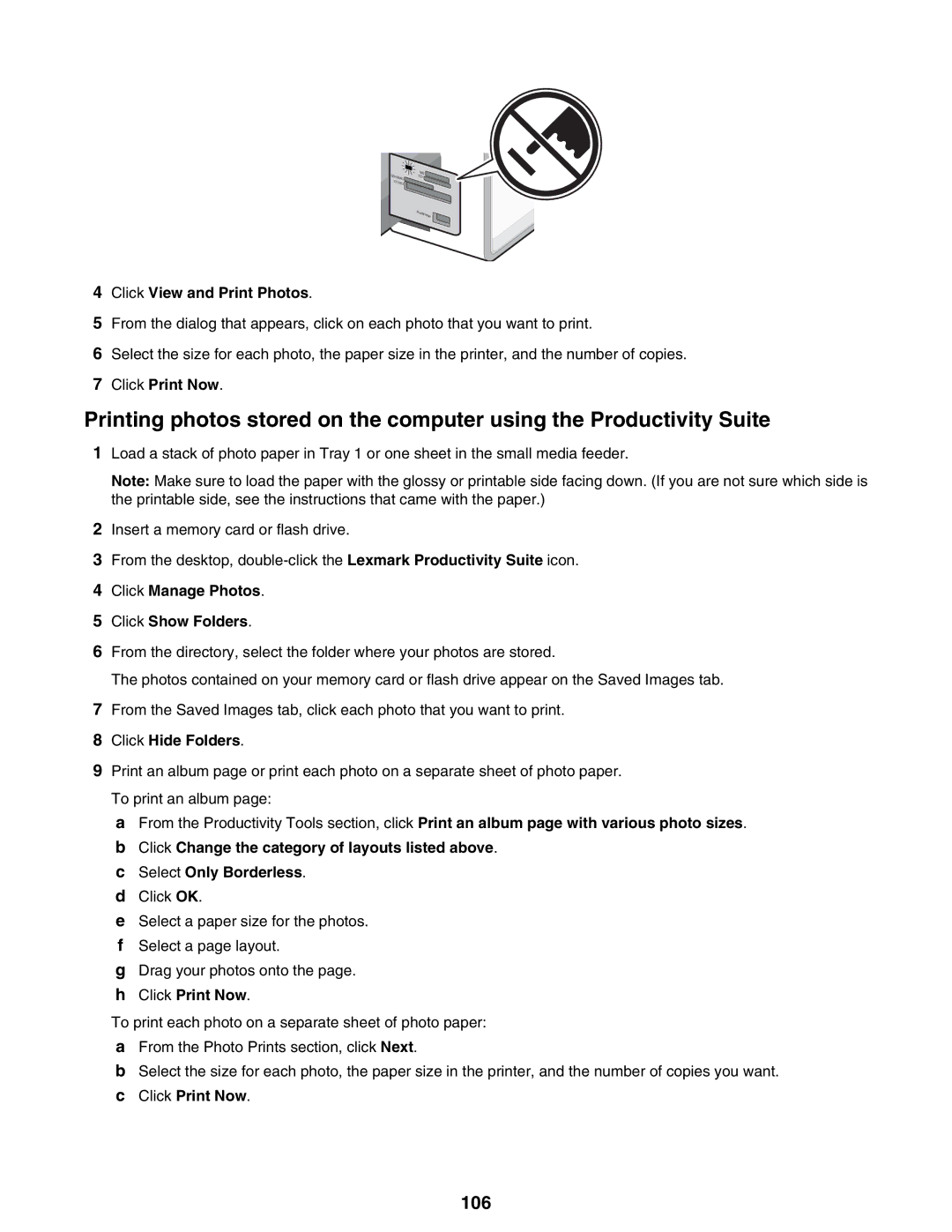 Lexmark 9300 Series manual 106, Click View and Print Photos, Click Manage Photos Click Show Folders, Click Hide Folders 