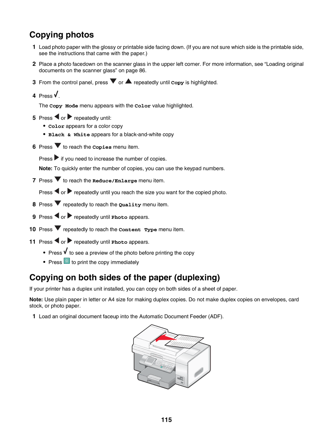 Lexmark 9300 Series manual Copying photos, Copying on both sides of the paper duplexing, 115 