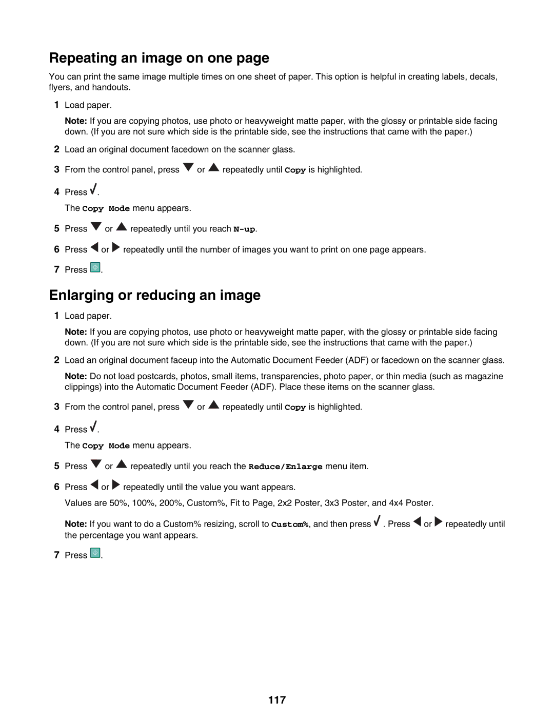 Lexmark 9300 Series manual Repeating an image on one, Enlarging or reducing an image, 117 