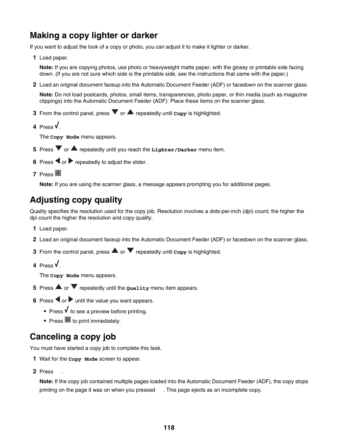 Lexmark 9300 Series manual Making a copy lighter or darker, Adjusting copy quality, Canceling a copy job, 118 