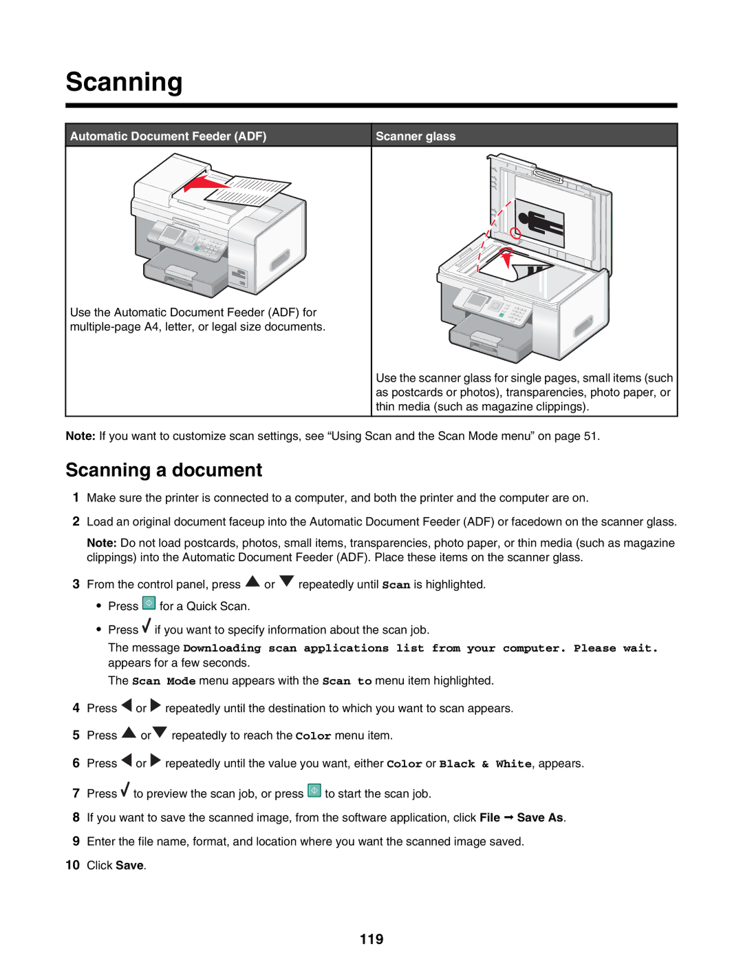 Lexmark 9300 Series manual Scanning a document, 119 