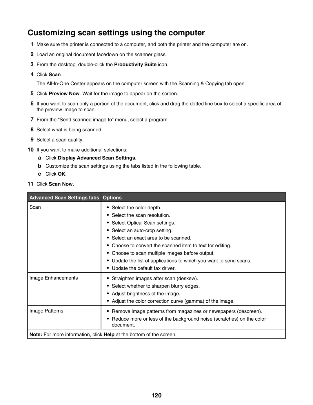 Lexmark 9300 Series manual Customizing scan settings using the computer, 120, Click Display Advanced Scan Settings 