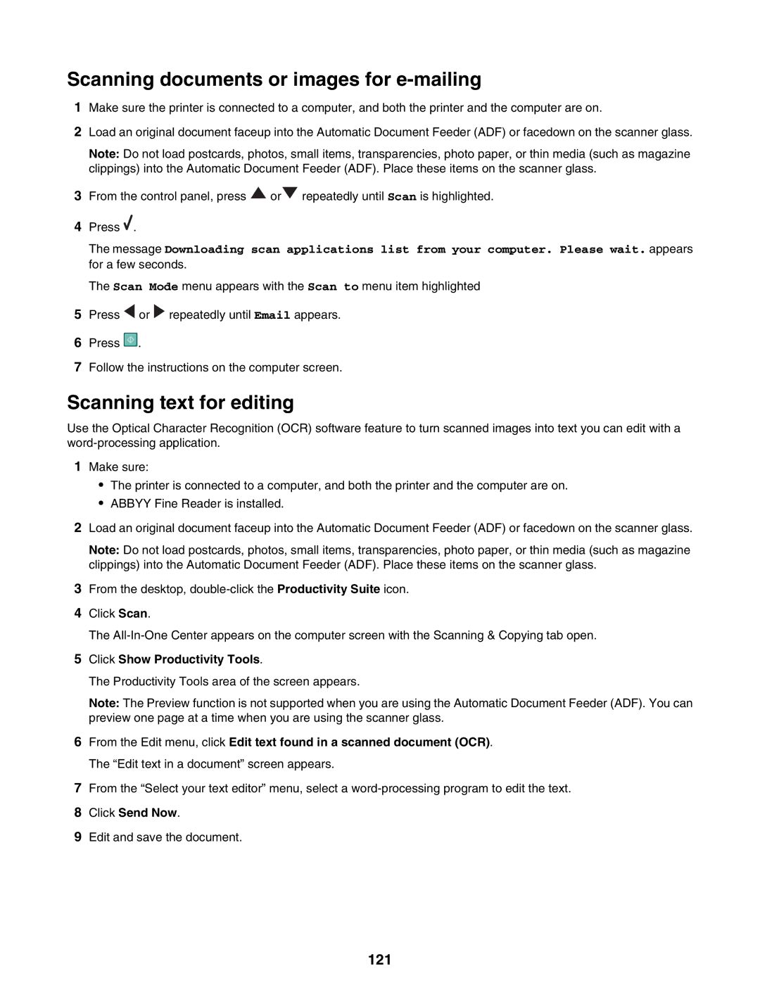 Lexmark 9300 Series manual Scanning documents or images for e-mailing, Scanning text for editing, 121, Click Send Now 