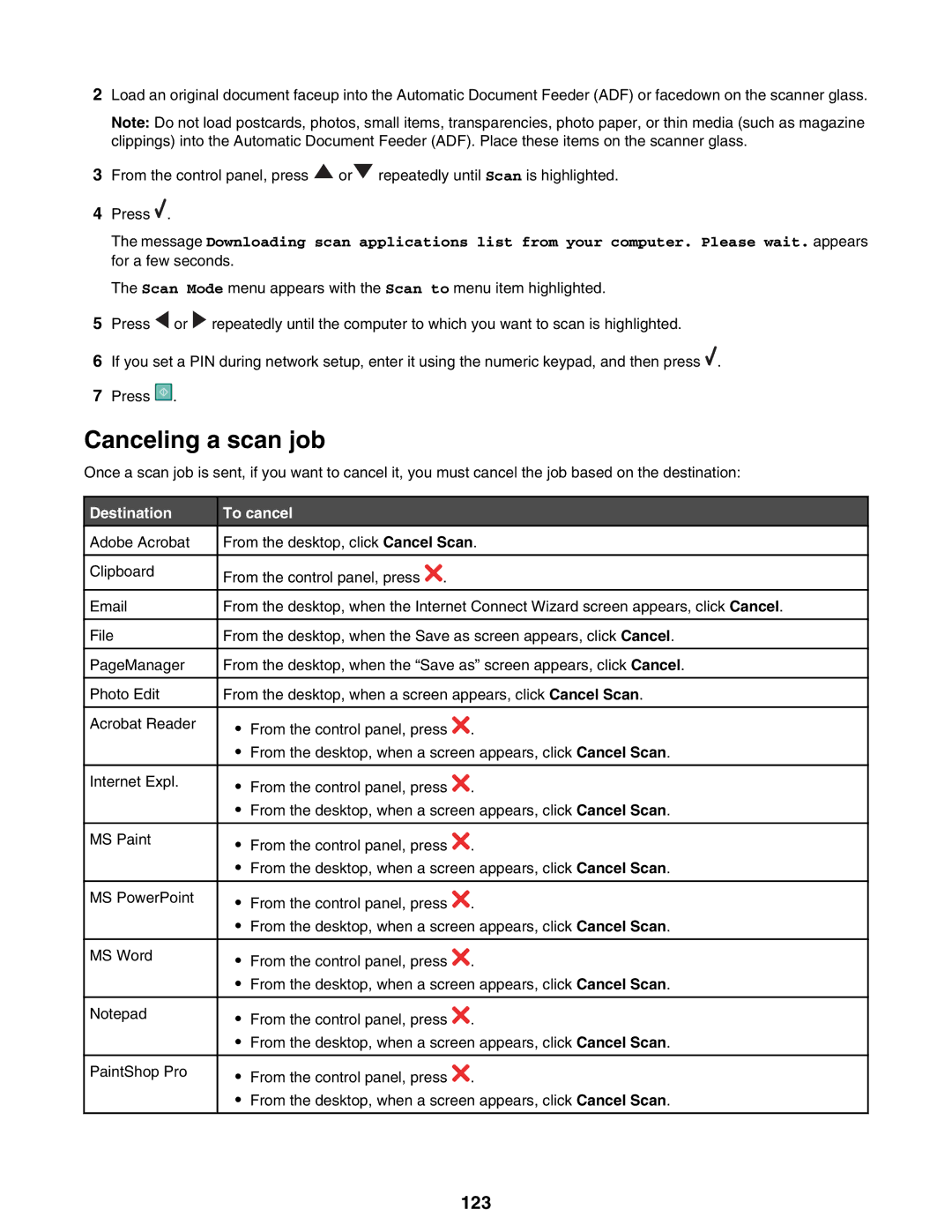 Lexmark 9300 Series manual Canceling a scan job, 123, Destination To cancel 