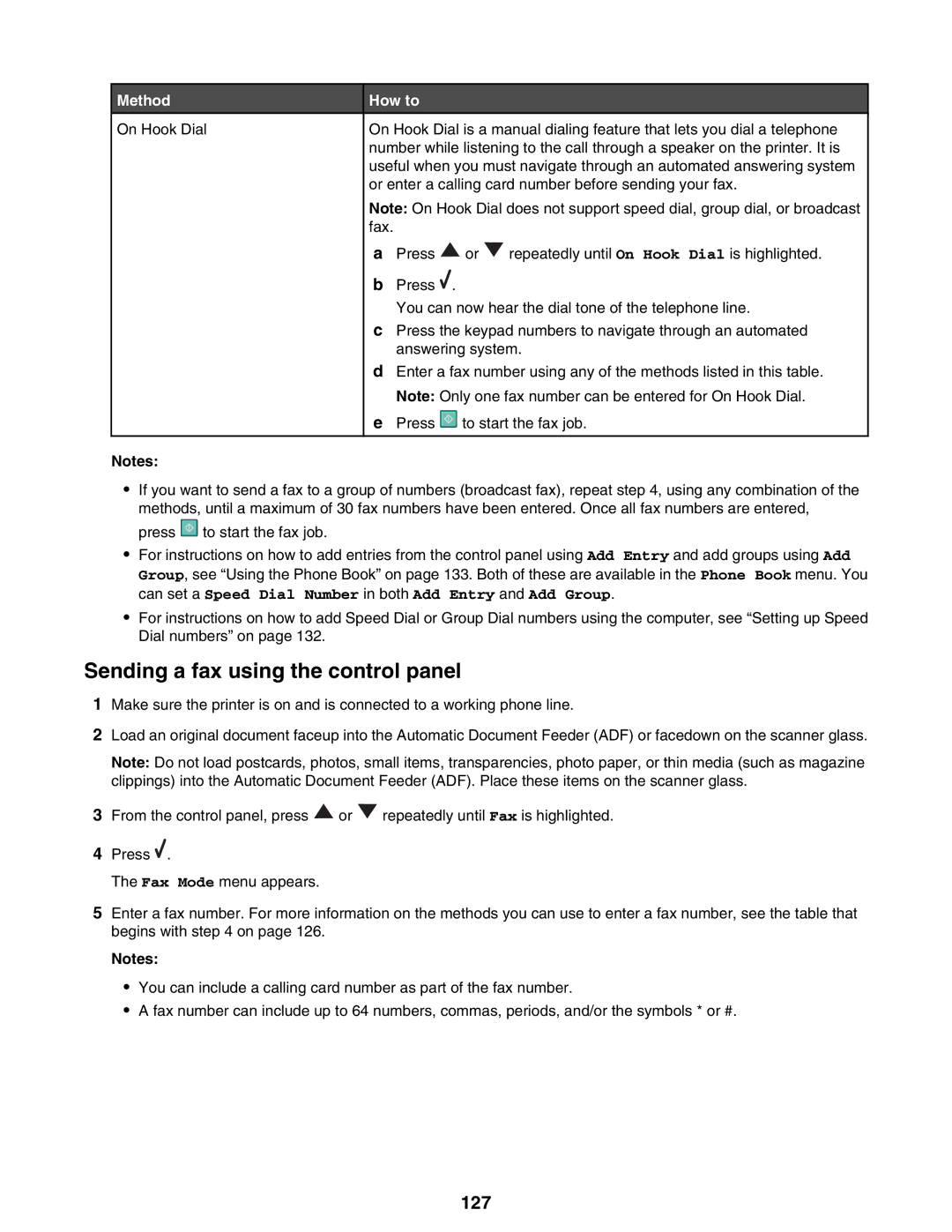 Lexmark 9300 Series manual Sending a fax using the control panel, 127 