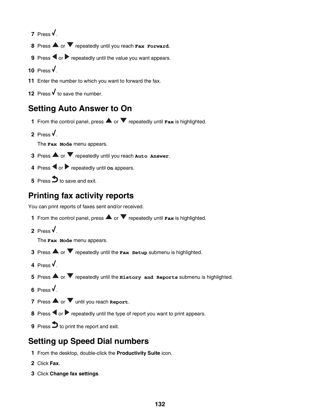 Lexmark 9300 Series manual Setting Auto Answer to On, Printing fax activity reports, Setting up Speed Dial numbers, 132 