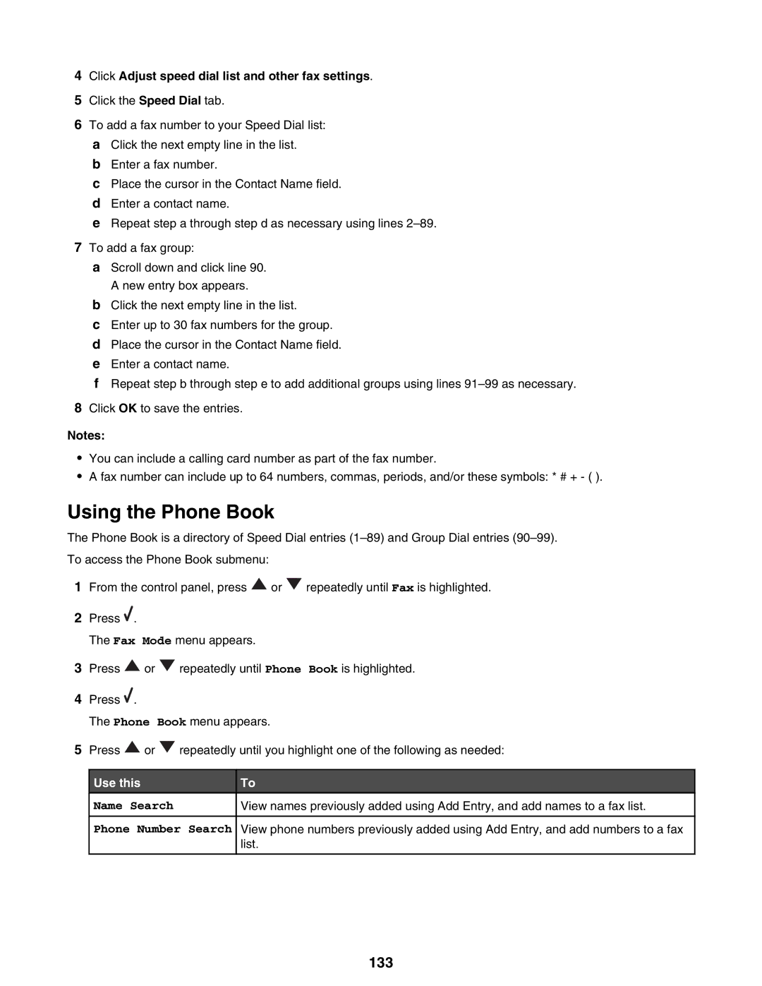 Lexmark 9300 Series manual Using the Phone Book, 133, Click Adjust speed dial list and other fax settings 