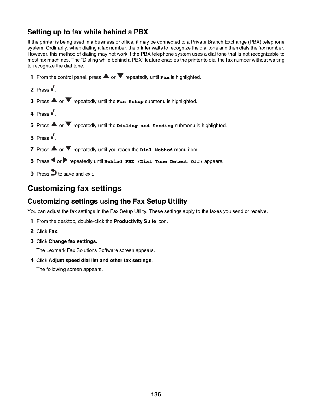 Lexmark 9300 Series manual Customizing fax settings, Setting up to fax while behind a PBX, 136 