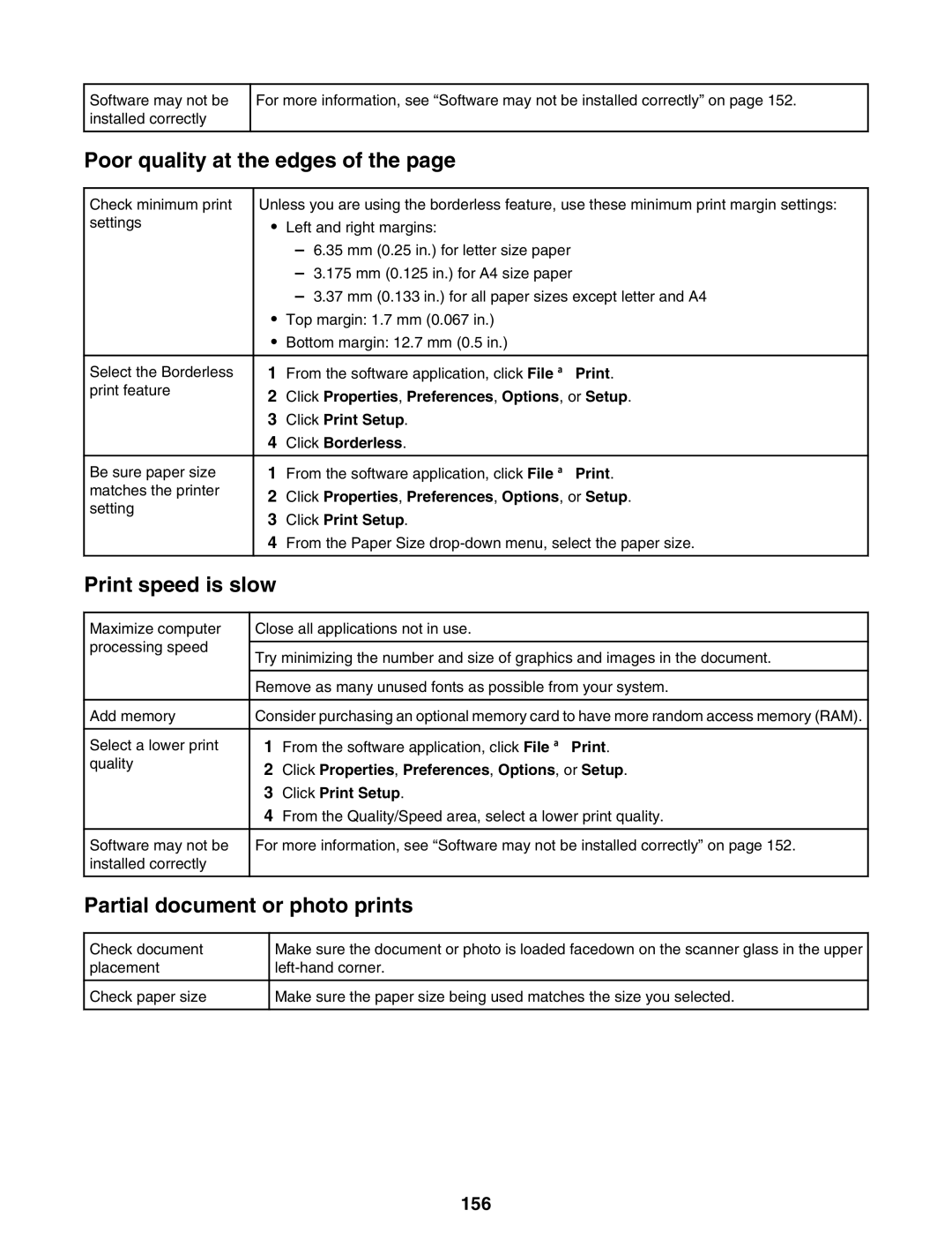 Lexmark 9300 Series manual Poor quality at the edges, Print speed is slow, Partial document or photo prints, 156 