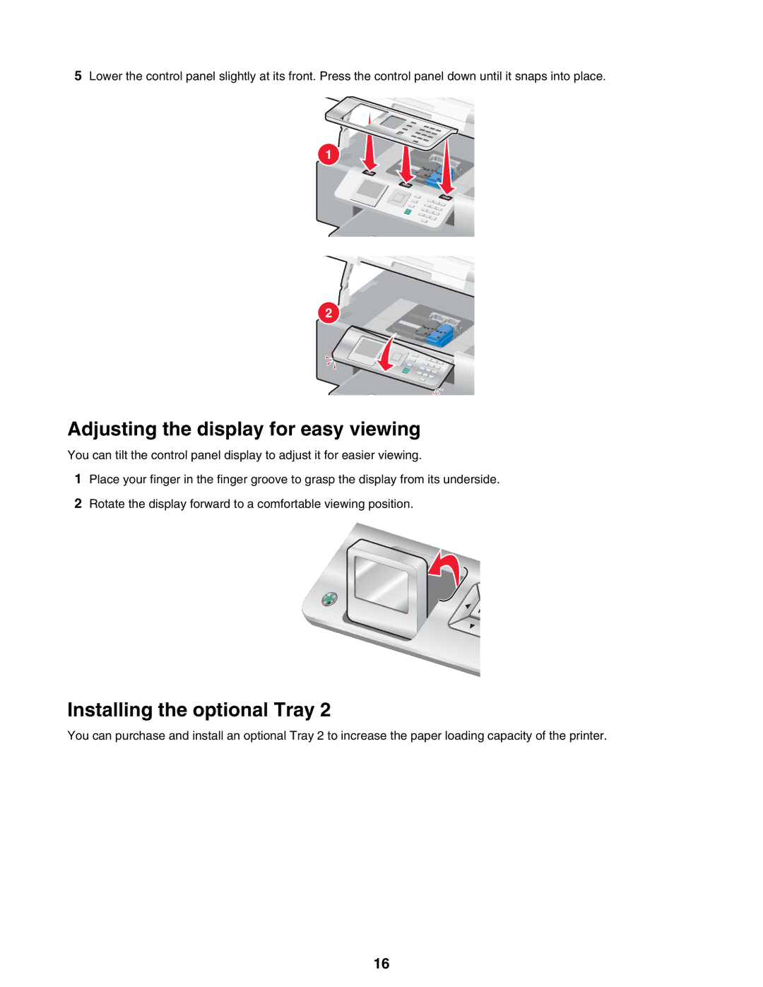 Lexmark 9300 Series manual Adjusting the display for easy viewing, Installing the optional Tray 