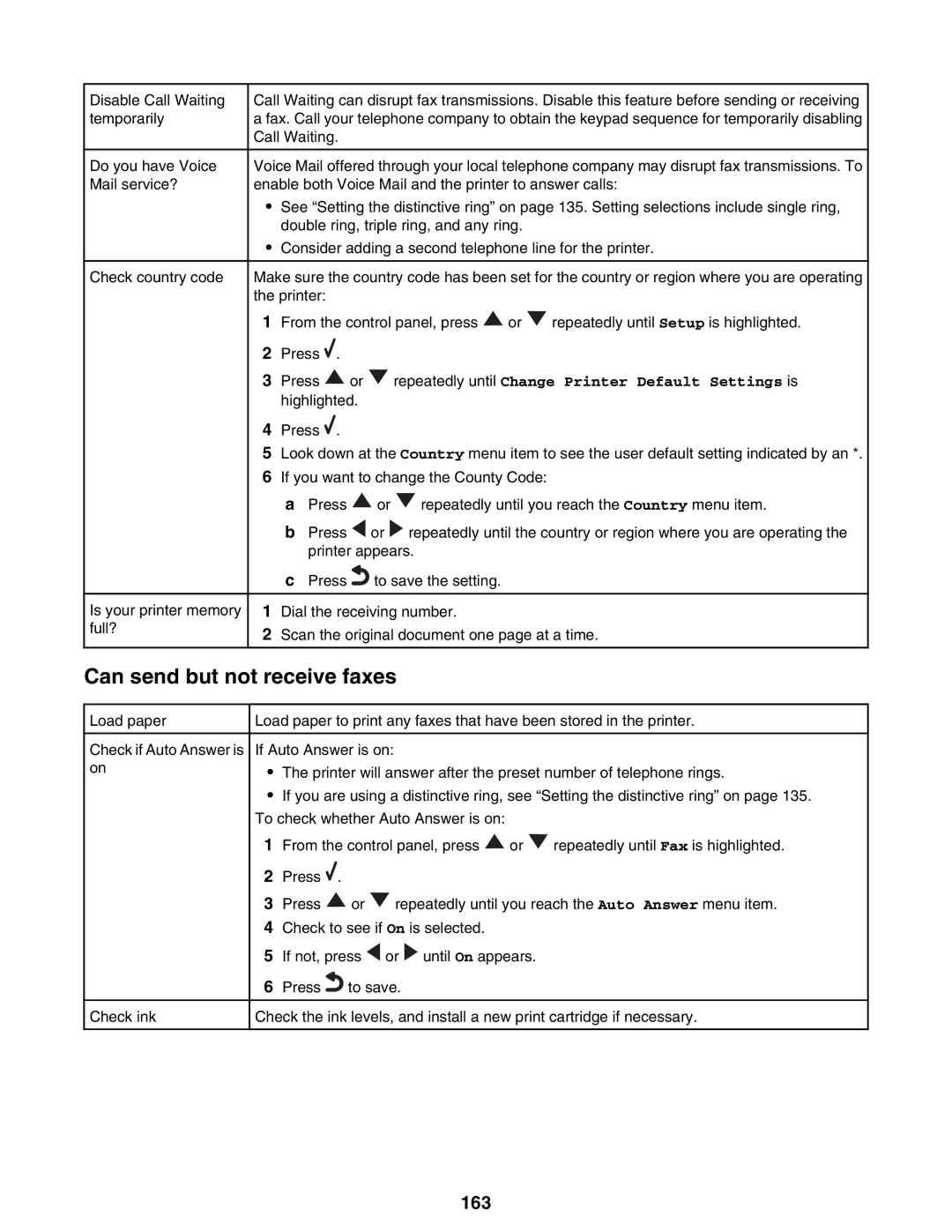 Lexmark 9300 Series manual Can send but not receive faxes, 163 