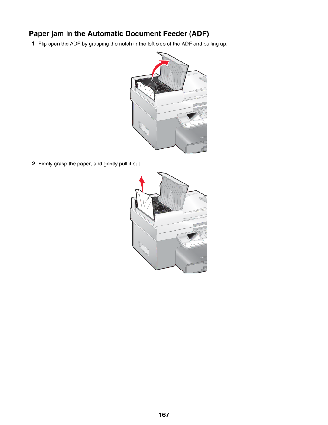 Lexmark 9300 Series manual Paper jam in the Automatic Document Feeder ADF, 167 