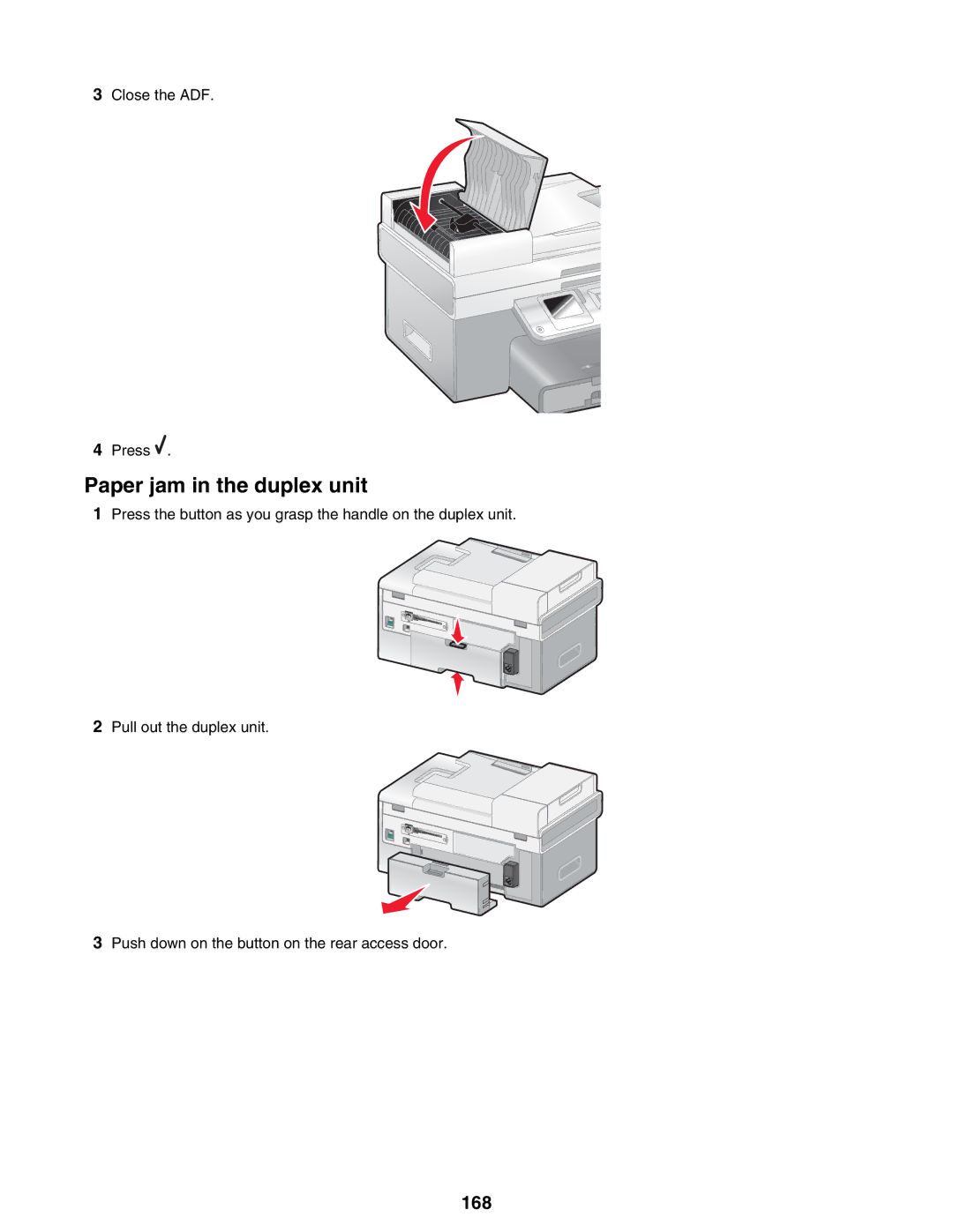 Lexmark 9300 Series manual Paper jam in the duplex unit, 168 