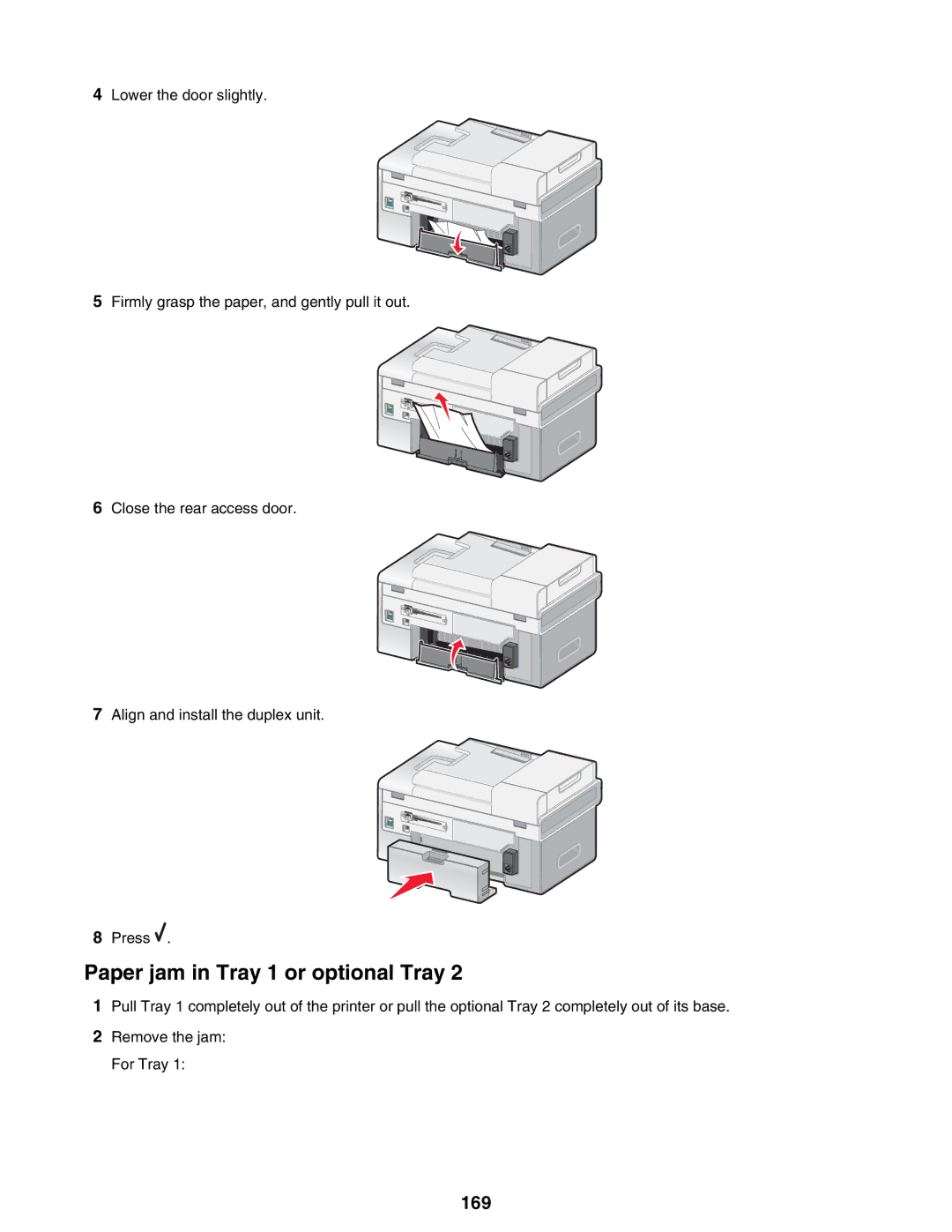 Lexmark 9300 Series manual Paper jam in Tray 1 or optional Tray, 169 