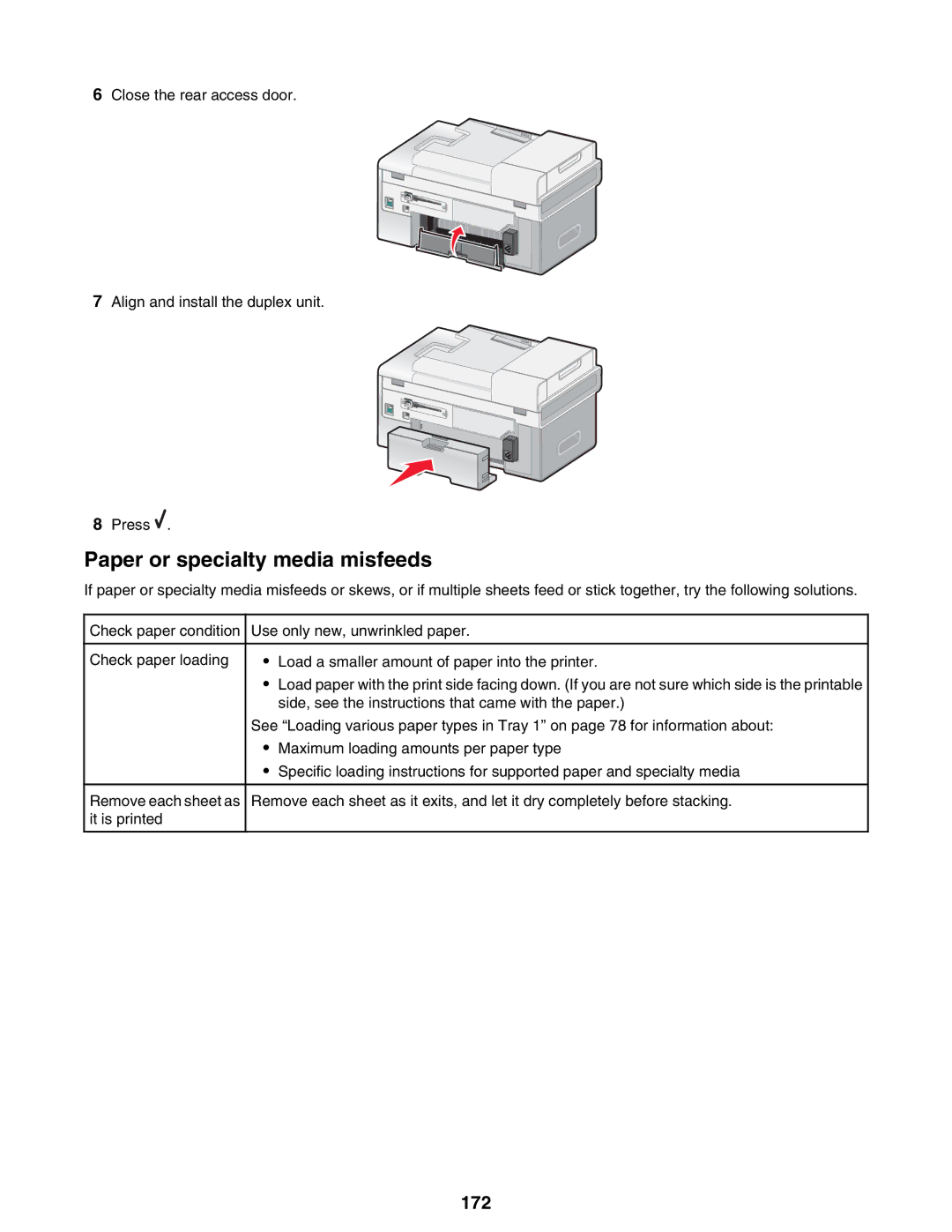 Lexmark 9300 Series manual Paper or specialty media misfeeds, 172 