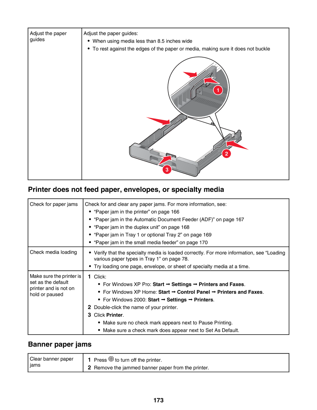 Lexmark 9300 Series manual Printer does not feed paper, envelopes, or specialty media, Banner paper jams, 173 