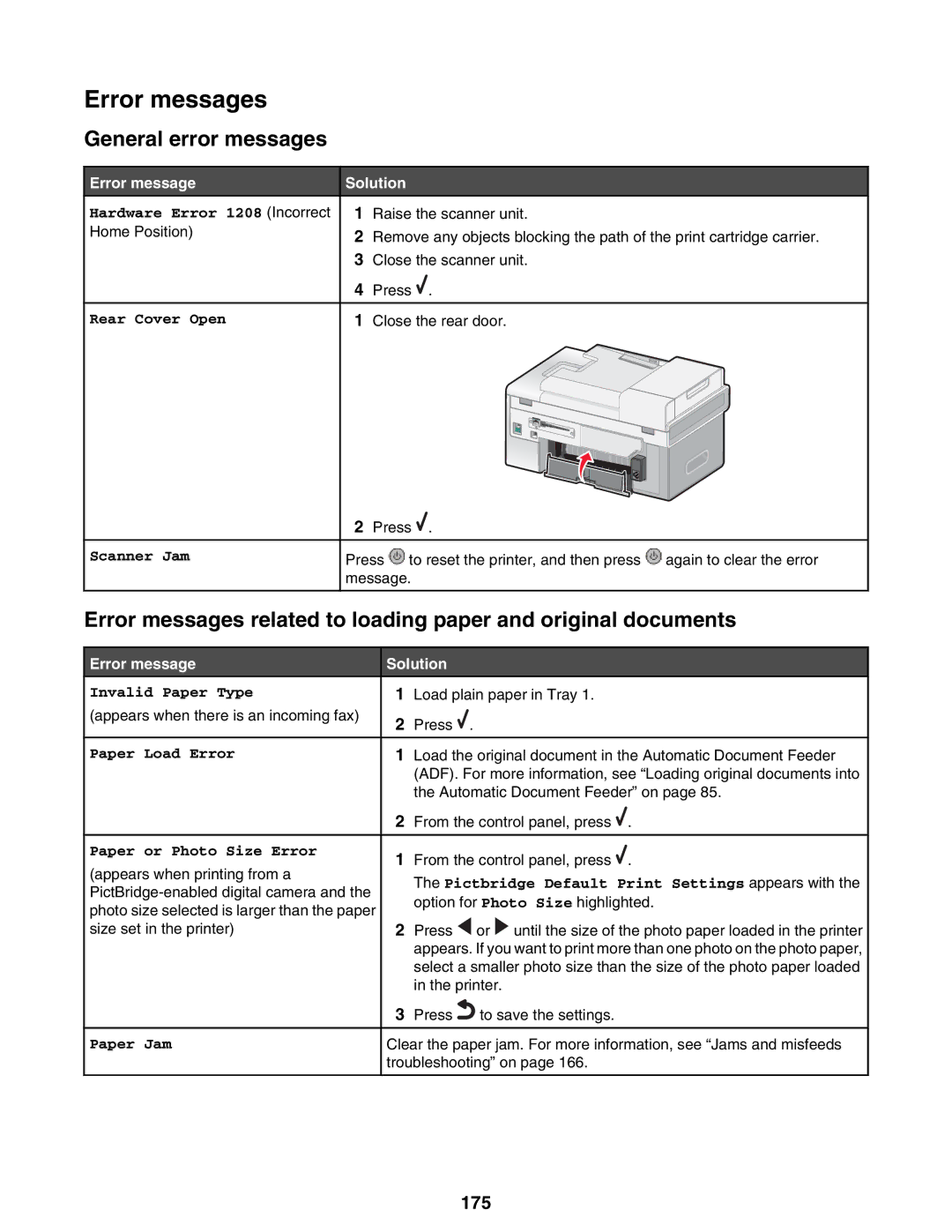 Lexmark 9300 Series manual Error messages, General error messages, 175, Solution 