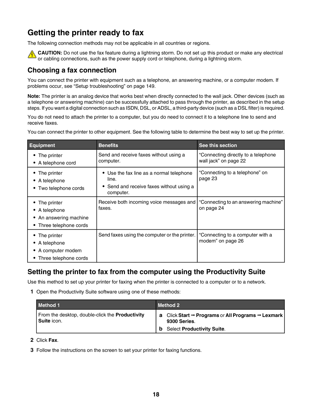 Lexmark 9300 Series manual Getting the printer ready to fax, Choosing a fax connection, Equipment Benefits See this section 