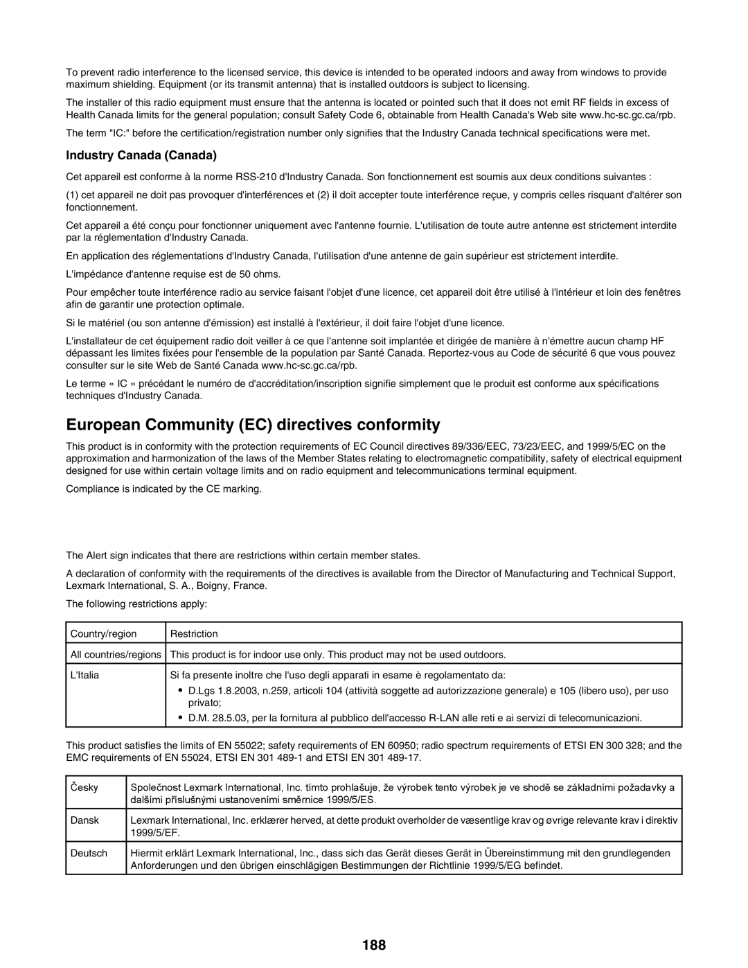 Lexmark 9300 Series manual European Community EC directives conformity, 188 