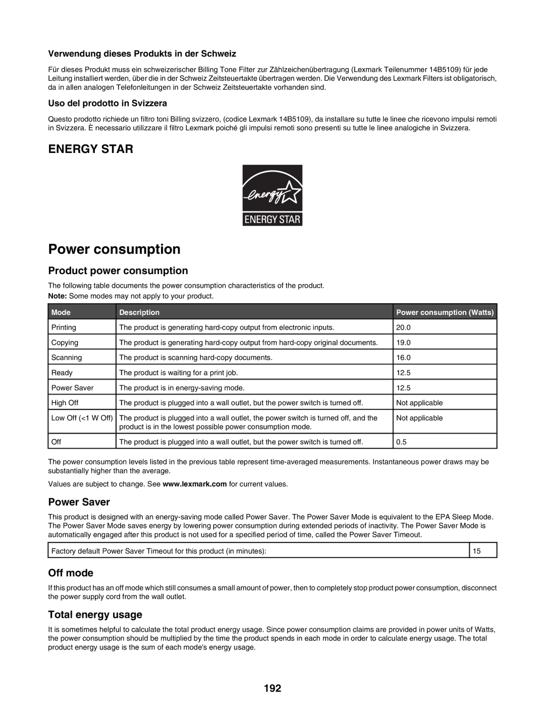 Lexmark 9300 Series manual Power consumption, 192, Verwendung dieses Produkts in der Schweiz, Uso del prodotto in Svizzera 