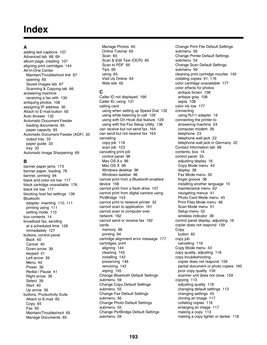 Lexmark 9300 Series manual Index, 193 