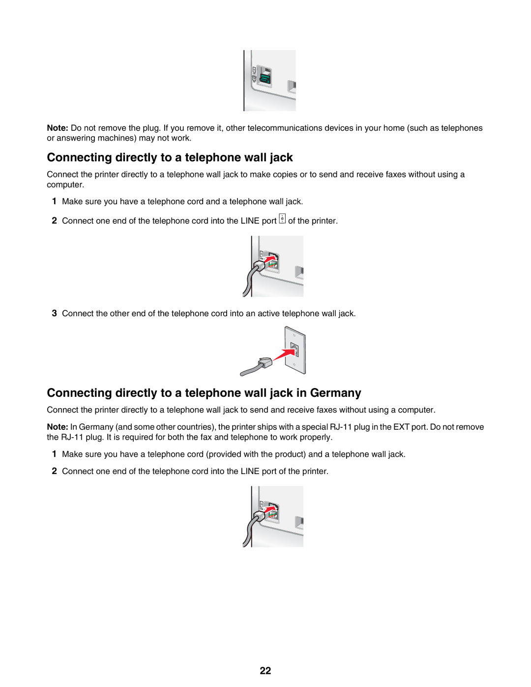 Lexmark 9300 Series manual Connecting directly to a telephone wall jack in Germany 